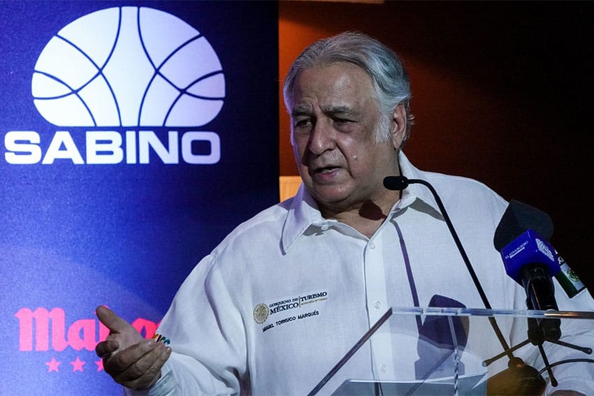 Mexico's Tourism Minister Miguel Torruco Marquez speaking at an event in Mexico in 2023.