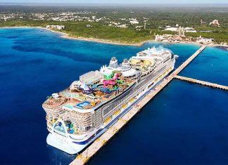 Aerial shot of cruise ship with 10,000 tourists, Quintana Roo, Mexico