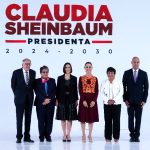 Claudia Sheinbaum at a press event with five newly announced cabinet members
