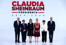 Claudia Sheinbaum at a press event with five newly announced cabinet members