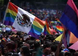 A flag flies at the 2024 Mexico City pride parade