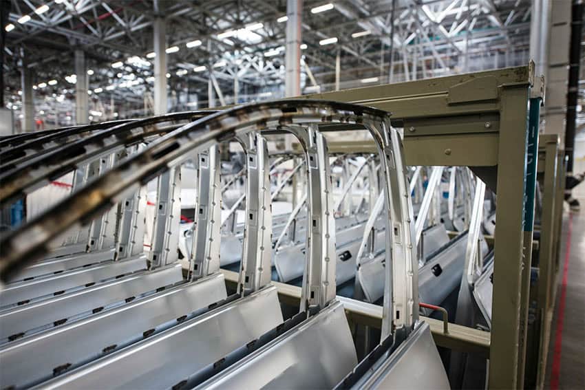 Doors for Audi vehicles lined up in a row in a Mexican factory