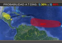 weather map of the Yucatan Peninsula showing two weather systems approaching land. One is labeled with a 30% chance of becoming a named storm in the next week, while the other is labeled at 80%