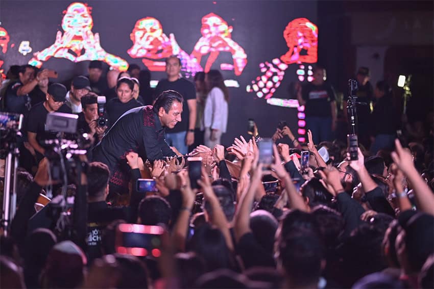 Eduardo Ramírez, gubernatorial candidate in Mexico's state of Chiapas, celebrates his win with a crowd of supporters.