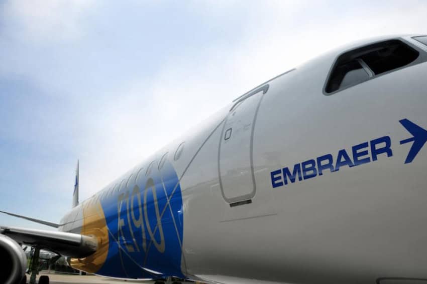 Embraer jet parked outside the Embraer Airport Factory in Sao Paolo