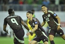Mexico's men's national soccer team celebrating a win against Jamaica
