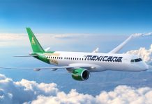 A plane with the Mexicana airline logo flies above the clouds to an unknown destination.