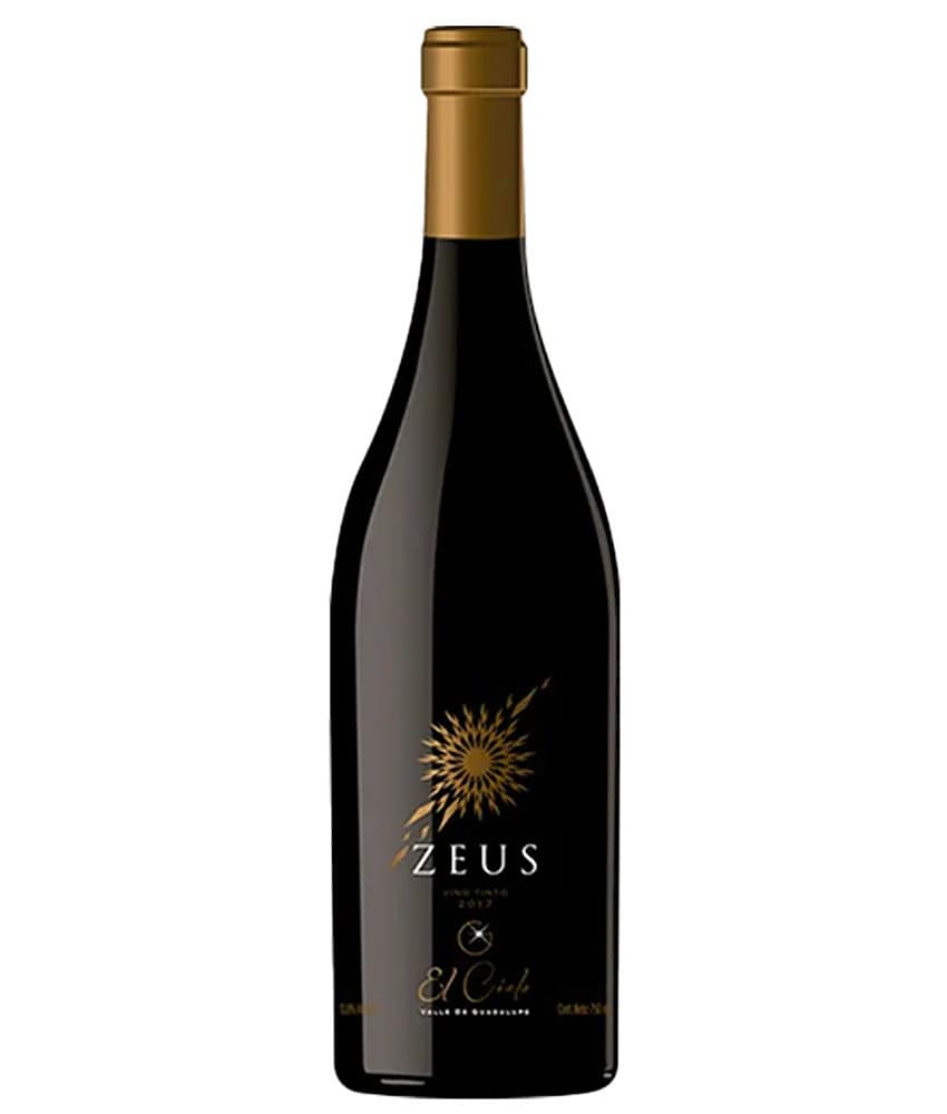 Bottle of El Cielo winery's Zeus Tinto 2020. The bottle is black with gold foil at the top and a stylized blazing sun logo at the center